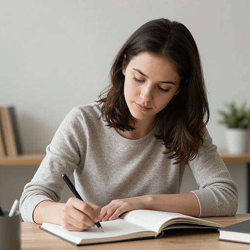 Photograph of a focused young woman with shoulder-length dark hair, wearing a light gray sweater, writing in an open book with a black pen. Bl