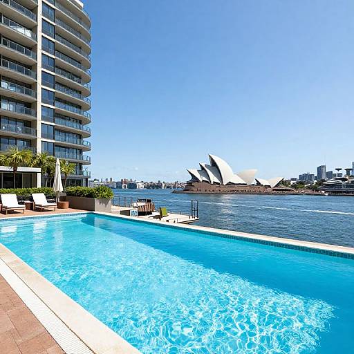 Photograph of a bright blue rooftop pool with clear water, adjacent to a modern high-rise building, overlooking Sydney's Opera House under a clear sky.