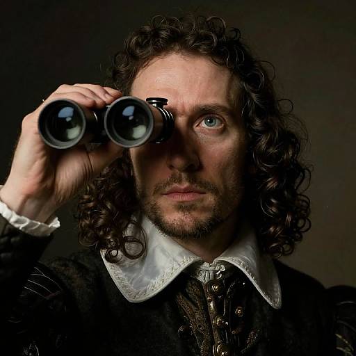 Photograph of a man with curly dark hair, blue eyes, and a beard, wearing a black 17th-century-style suit, holding binocular