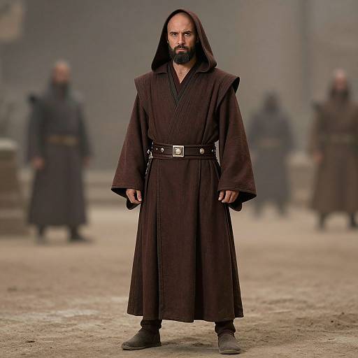 Photograph of a bearded man with a black beard, wearing a dark brown, hooded robe with a belt, standing in a dusty, fog