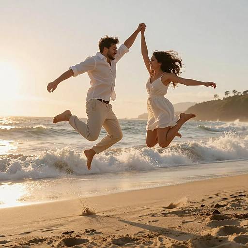 Joyful Beach Jump at Sunset