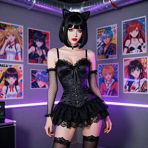 Digital art of a pale-skinned woman in black lace catgirl outfit, fishnet sleeves, black choker, and thigh-high stockings, standing in
