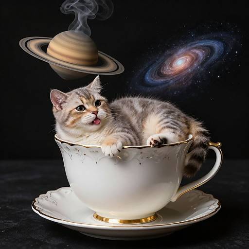 Photorealistic image of a cute, fluffy tabby kitten with tongue out, sitting in a white gold-rimmed teacup, with Saturn