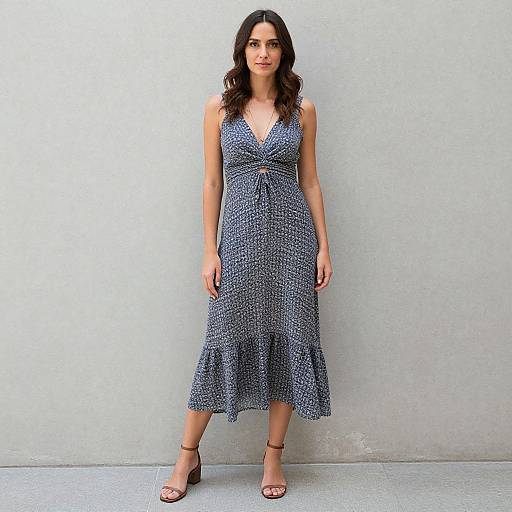 Photograph of a woman with wavy dark hair, wearing a blue patterned, sleeveless V-neck maxi dress and brown sandals, standing against a