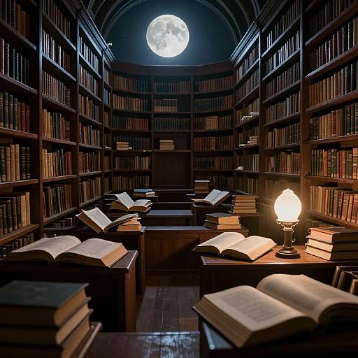 Photograph of a dimly-lit, moonlit library with wooden bookshelves, open books, and a lit lamp on a table, creating
