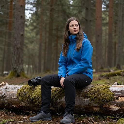 Calm Woman in Forest with Camera