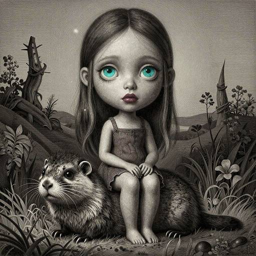 Digital drawing of a big-eyed, gray-skinned, blue-eyed girl in a dress, sitting on a groundhog in a detailed, black-and-white