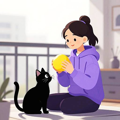Digital illustration of a smiling woman in a purple hoodie, holding a yellow ball, sitting on a floor next to a black cat. Bright, blurred background