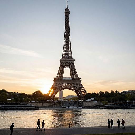 Photograph of the Eiffel Tower at sunset, silhouetted against a golden sky, with people walking along the Seine River in the