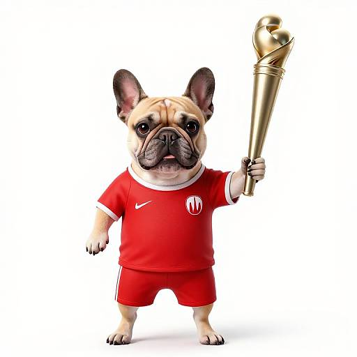 Photorealistic CGI of a small beige French Bulldog wearing a red soccer jersey and shorts, holding a golden trophy in its right paw. White background