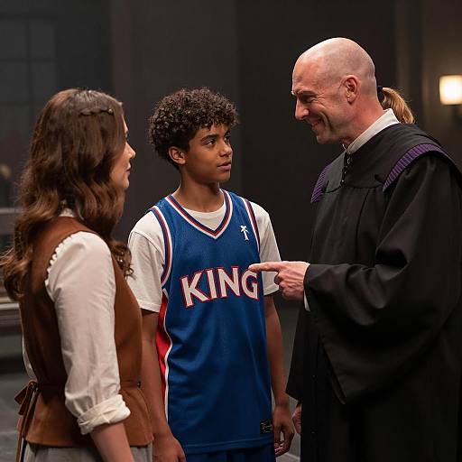 Man in Robe Speaking with Teen and Woman Indoors