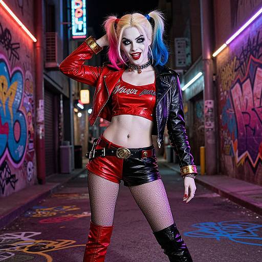 Photograph of a woman in Harley Quinn cosplay, with dual-colored hair, red and black leather outfit, fishnet stockings, and thigh-high boots,