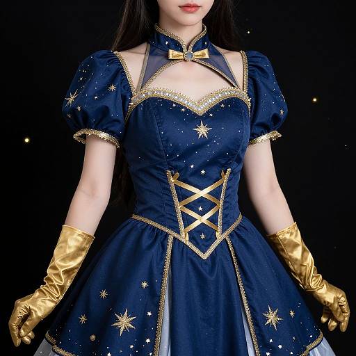 Photograph of a woman in a navy blue, star-embellished, puffed-sleeve dress with gold accents, gold gloves, and