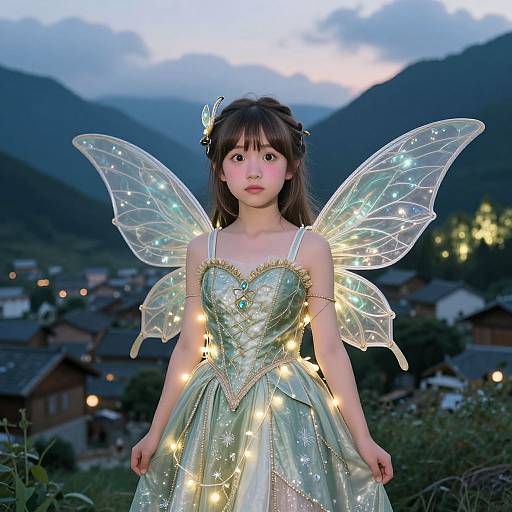 Photograph of an East Asian woman with fair skin, wearing a glowing fairy costume with translucent wings and illuminated lights, standing in a mountain village at dusk