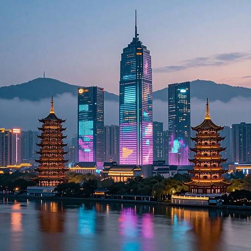 Photograph of a cityscape at dusk featuring illuminated skyscrapers and traditional Chinese pagodas reflected in a calm river. Mountains and a pastel