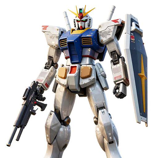 Digital illustration of a powerful, white, blue, and yellow mecha with a gun in one hand and a shield with a yellow lightning bolt in the