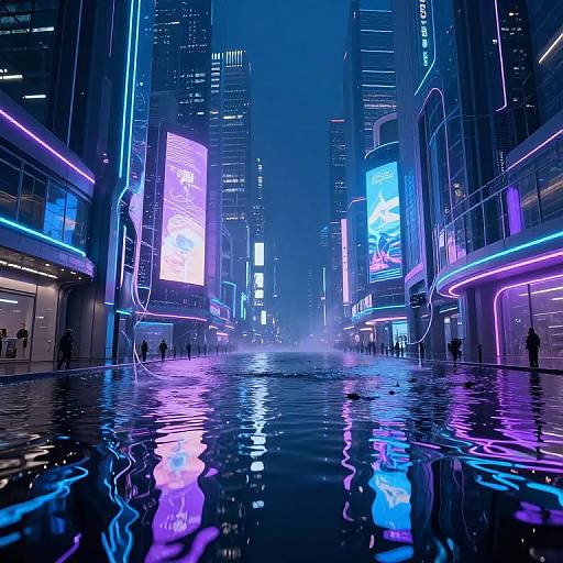 Neon-lit, futuristic city street at night with reflective flooded pavement, towering skyscrapers, and vibrant blue, purple, and pink neon signs