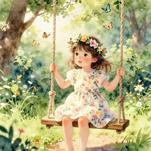 Girl on Swing in Lush Garden