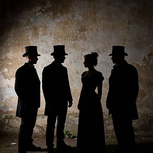Silhouetted photograph of four people in vintage attire, including top hats, standing against a textured, dimly lit, weathered wall.