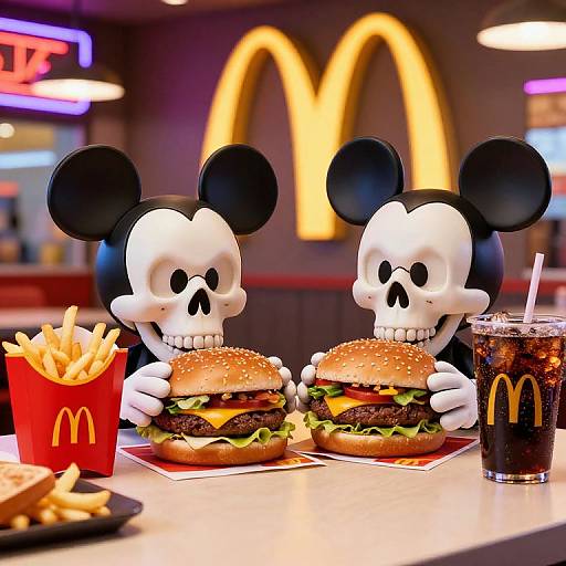 Photograph of two Mickey Mouse figures holding cheeseburgers, with a red McDonald's fries container and a drink with a straw, in a brightly lit