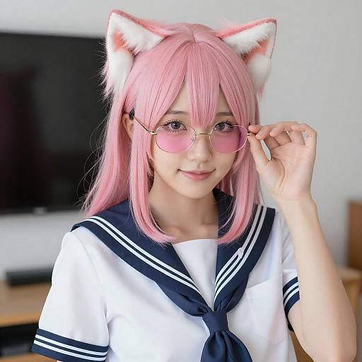 Asian Woman in Pink Hair and School Uniform