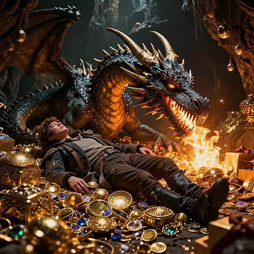 Photorealistic digital artwork: A dragon with glowing orange scales and sharp horns looms over a unconscious man, surrounded by treasure and a blazing fire in