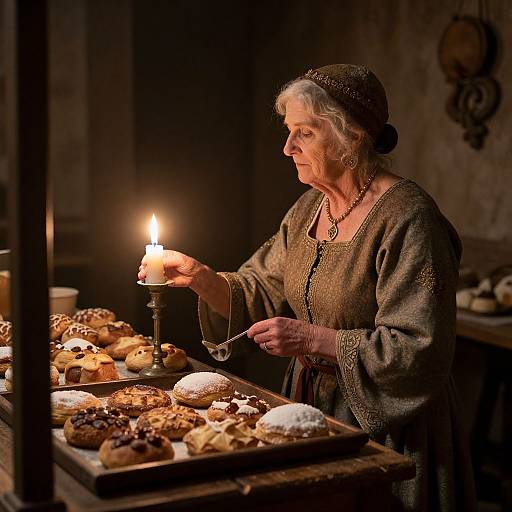 Photograph of an elderly woman in medieval attire, lit by a candle, inspecting an array of pastries on a wooden tray.