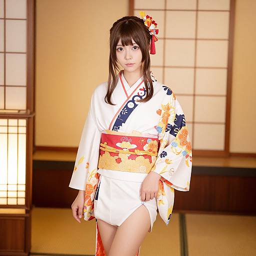 Digital anime-style image of a young woman in a white and orange floral kimono, red obi, and hair ornament, standing in a traditional Japanese