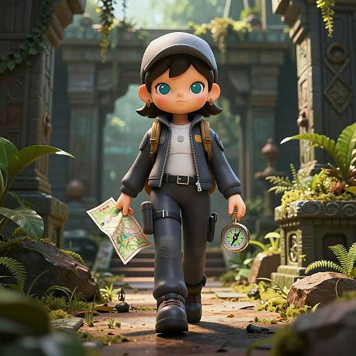 Digital art of a cute, anime-style boy with black hair, green eyes, wearing a black outfit and cap, holding a map and compass, walking