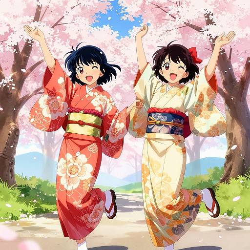 Anime Girls Dancing in Cherry Blossoms