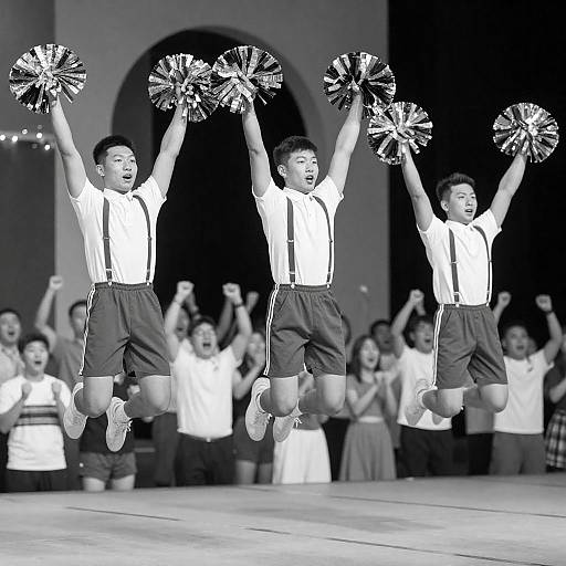 Vintage Black-and-White Cheerleaders Mid-Jump Photo