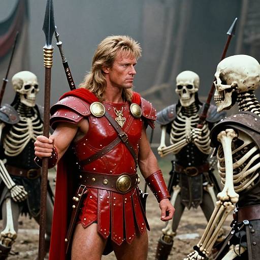 Photograph of a muscular man with blonde hair in red gladiator armor and a spear, surrounded by skeletal warriors with spears.