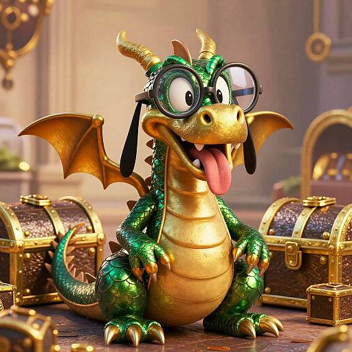 Cartoon green dragon with gold scales, large glasses, and a tongue out, sitting among golden treasure chests in a cozy, warmly lit room. CGI
