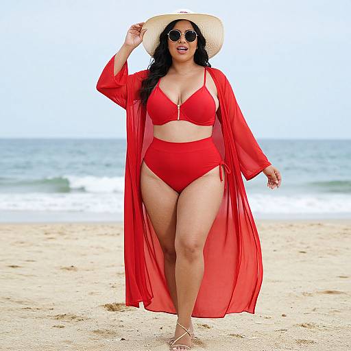 Photograph of a curvy woman in a red bikini, red sheer robe, and sunhat walking on a beach, wearing round sunglasses.