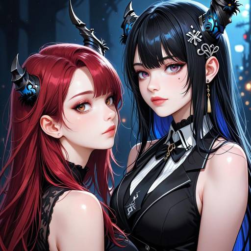 Stylish fantasy anime girls with horns