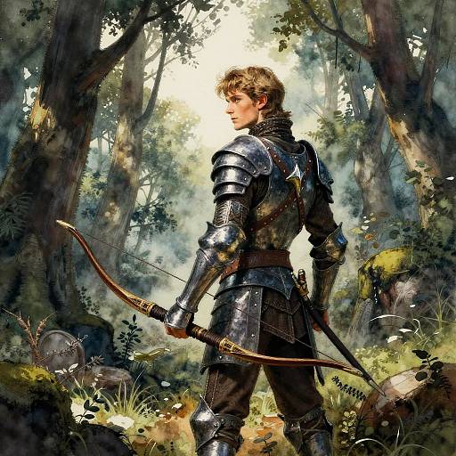 Digital fantasy artwork of a young, blonde male knight in shiny, silver armor, drawing a bow in a sunlit, dense forest.