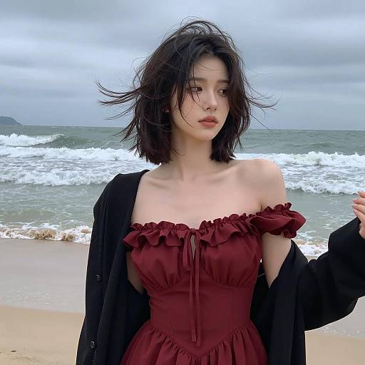 Young Woman in Red Dress on Windy Beach