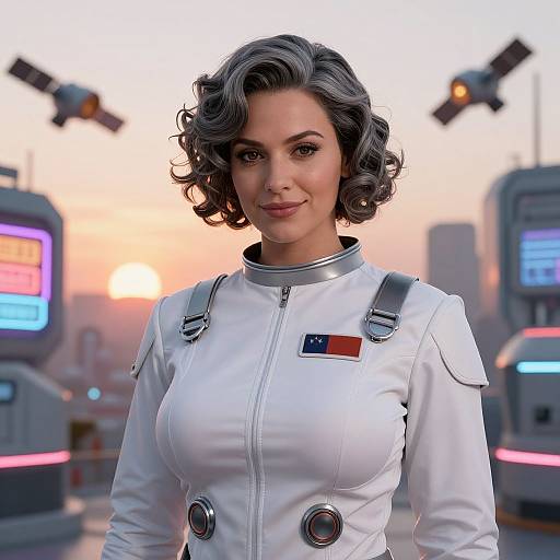 Digital artwork of a curvy woman with short, wavy gray hair in a white space suit, standing in a futuristic cityscape at sunset, with