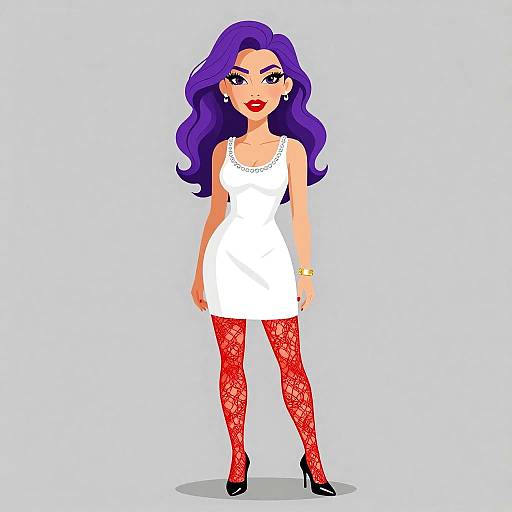 Digital illustration of a stylish woman with long purple hair, white dress, red lace tights, black heels, and gold bracelet.