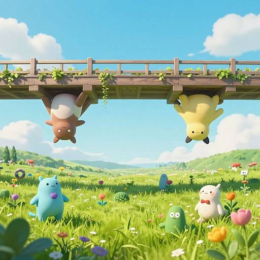 CGI cartoon image of two chubby, cute, hanging creatures under a wooden bridge, surrounded by colorful flowers and friendly, small creatures in a vibrant me
