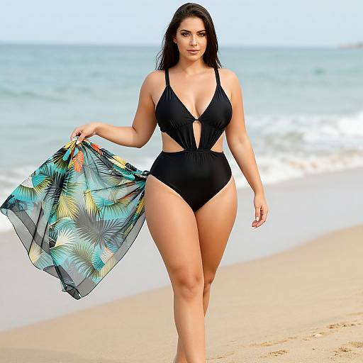 Photograph of a curvy woman with long dark hair, wearing a black cutout bikini, holding a tropical-patterned sheer scarf, walking on a