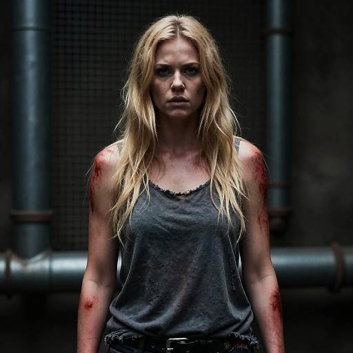 Woman with Bloodied Arms in Industrial Setting