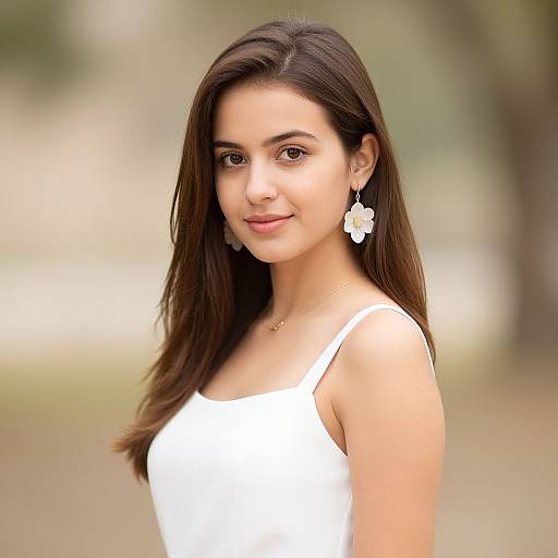 Photograph of a young woman with long dark brown hair, wearing a white tank top and white floral earrings, smiling softly in a blurred outdoor setting.