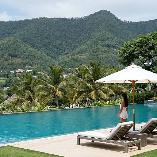 Photograph of a woman in a white dress standing by a pool with mountainous tropical scenery, white umbrella, and lounge chairs.