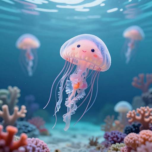 Photograph of a smiling, translucent jellyfish with pink accents and long, flowing tentacles amidst a colorful underwater coral reef, illuminated by sunlight filtering through