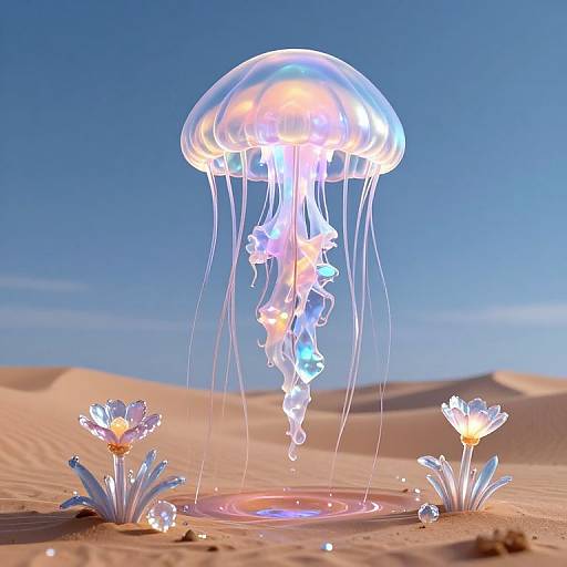 Photorealistic CGI of a glowing jellyfish with translucent, iridescent tentacles hovering above desert sand, surrounded by sparkling white flowers under a clear