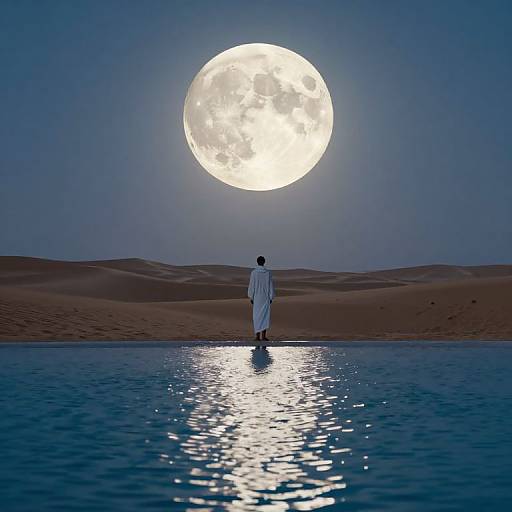 Photograph of a solitary figure in white robes standing in a reflective water pool, facing a large, glowing full moon over a desert landscape.
