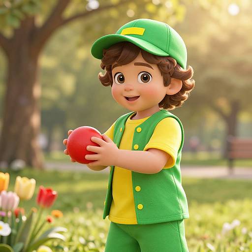 Photorealistic CGI of a young boy with curly brown hair, green cap, yellow shirt, green vest, and pants, holding a red apple in