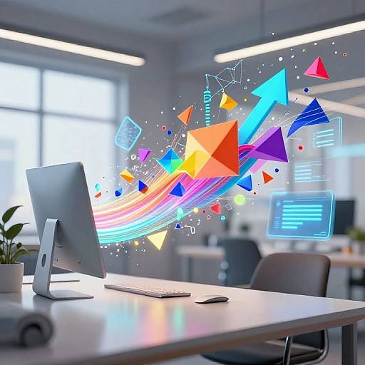 Photograph of a modern office with a white desk, silver computer, and colorful digital geometric shapes and text overlays floating above. Brightly lit room with