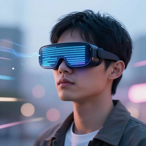 Photograph of an Asian man with short black hair wearing blue virtual reality goggles, displaying text lines, against a blurred cityscape background with bokeh lights